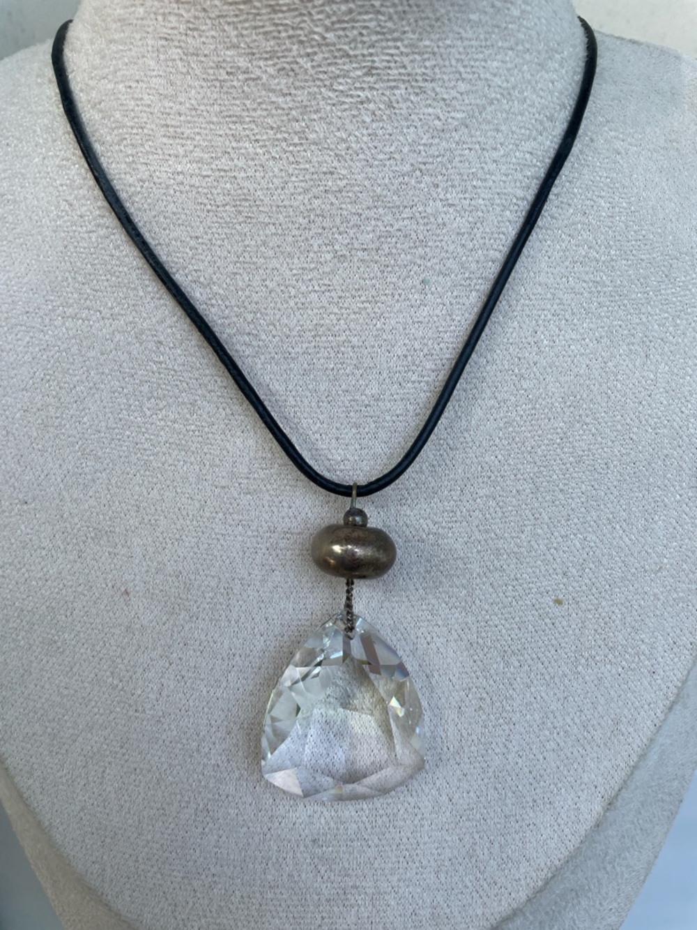 Vintage Crystal Pendant Necklace on Black LeatherCord